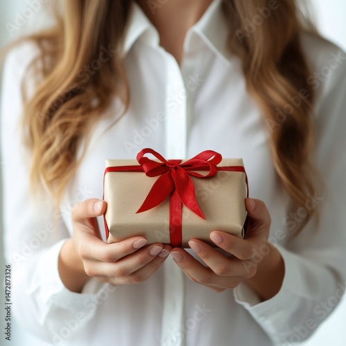 Wrapped with Love: Woman Holding a Beautifully Wrapped Gift with a Red Ribbon, Perfect for Holidays and Special Occasions, Giving Joy.