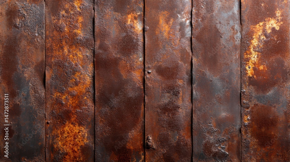 The image displays a weathered sheet of metal, revealing rich rusty textures that evoke a sense of history and industrial charm, capturing the essence of decay and transformation.