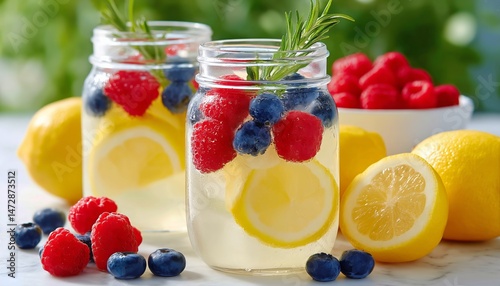 Refreshing Summer Fruit Drinks Served in Jars With Berries and Lemons on a Su...