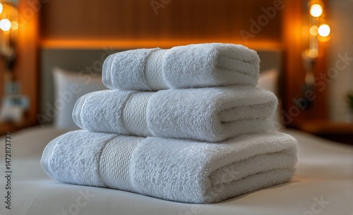 Stacked White Towels Arranged Neatly on a Soft Bed in a Cozy Hotel Room