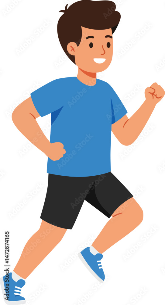Obraz premium Boy running in blue t-shirt and black shorts active healthy lifestyle vector illustration