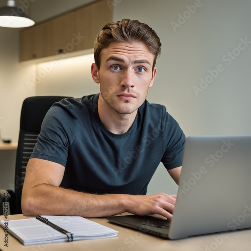 serious young man in glasses working on laptop at office