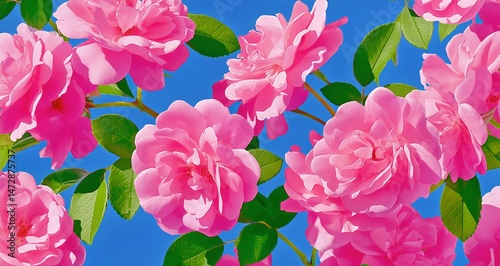 Beautiful Pink Roses Blooming Against a Clear Blue Background in Springtime G...