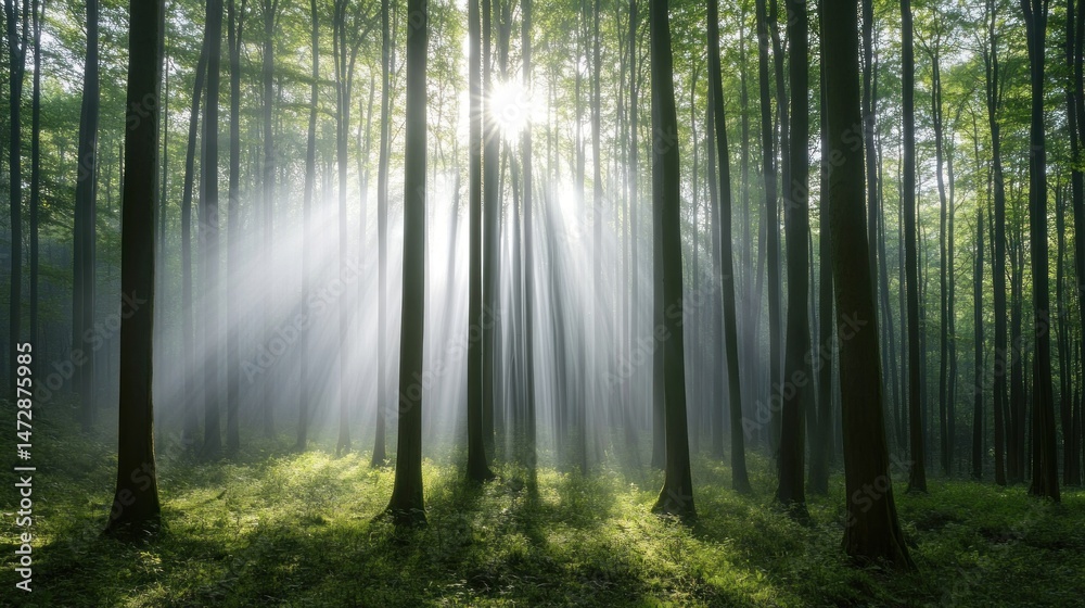 Obraz premium Sunlight streams through a misty forest