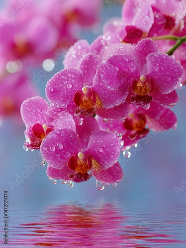 Delicate Pink Orchids Adorned With Dew Drops Reflect in Serene Water Under Ge...