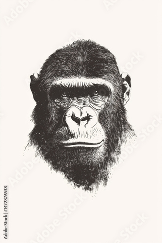 Ape, CHimp, head, Animals , Pop Art, Art Poster, Screenprint, Isolated white background, In the style of detailed ink drawing