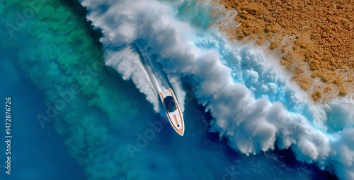 Speeding Boat Cuts Through Crystal Clear Waters at a Vibrant Coral Reef