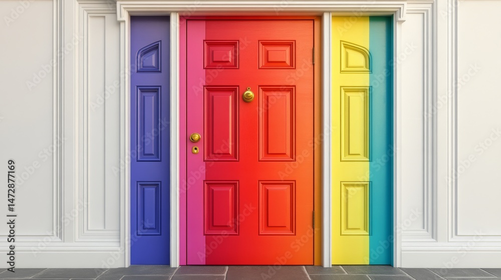 Obraz premium Colorful front door with rainbow stripes, surrounded by white wall paneling, in a minimalistic and stylized design