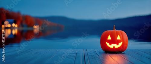 Glowing Jack-O-Lantern Stands on a Wooden Deck Overlooking a Serene Lake at Dusk