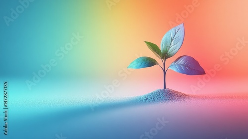 Stylized plant with green and blue leaves growing from a small mound of soil against a colorful gradient background