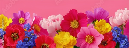 Bright and Colorful Flowers Arranged in a Cheerful Display on a Pink Background