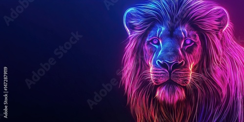 Neon 3D image of lion animal in neon style. 