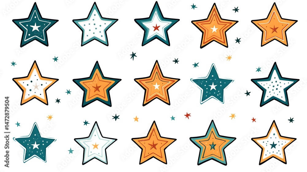 Fototapeta premium Decorative Stars Doodle Cartoon: Freehand Drawn Professional Usage