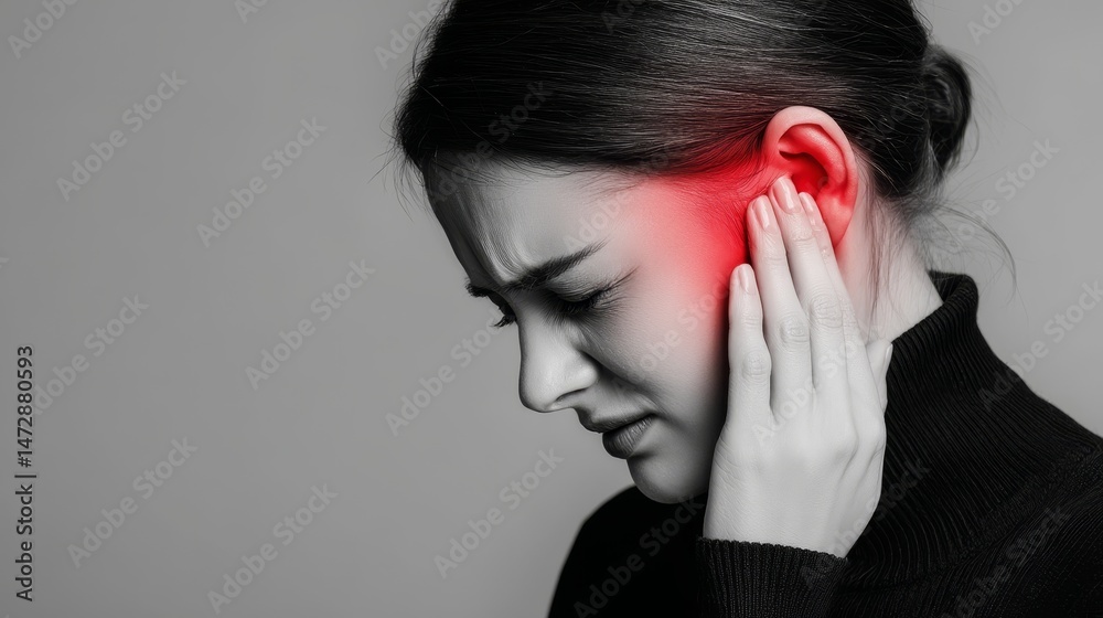 Fototapeta premium Person touching ear, dealing with extreme earache