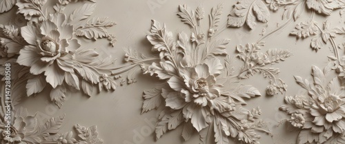 Elegant muted floral plaster wallpaper  Intricate relief design , stylish, shabby, botanical