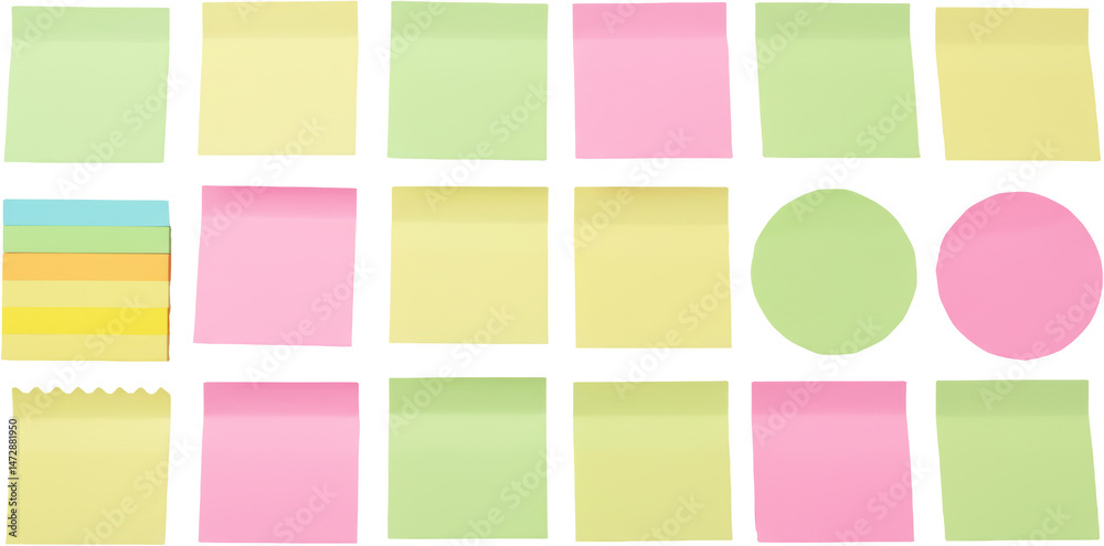 Fototapeta premium Colorful sticky notes in various shapes and sizes on white background 