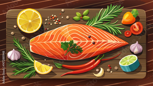 Fresh salmon fillet with spice on wooden background Very beautiful