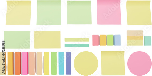 Colorful sticky notes in various shapes and sizes on white background  