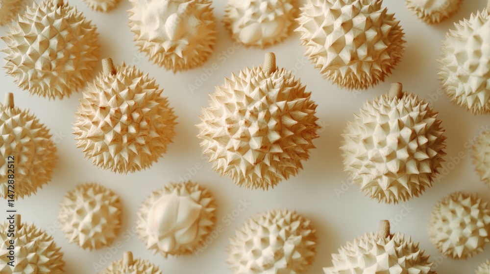 Obraz premium Durian fruit concept with creative flat lay composition of pulp and shell on clean white background tropical food art