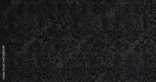Seamless black gothic wallpaper, heavy floral damask pattern,  sophisticated,  graphic
