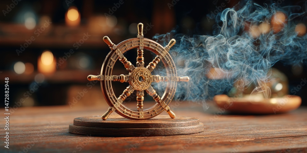 Obraz premium Peaceful dharma wheel on wooden table with incense smoke