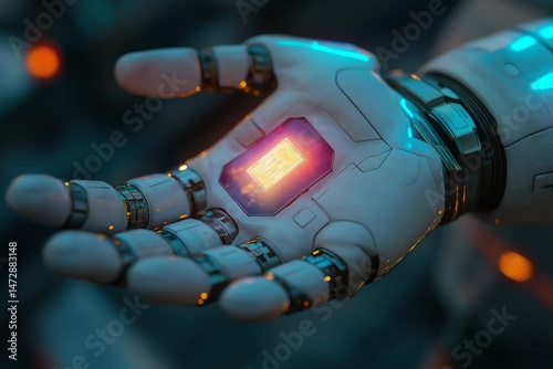 Futuristic robotic hand holding a holographic LGBTQ identity chip with glowing orange and blue accents in a minimalistic style