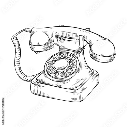 vintage telephone with line art drawing illustration