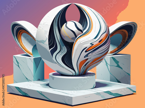 vector of Contemporary abstract marble sculpture with unique forms for modern home decoration in white color with black vein