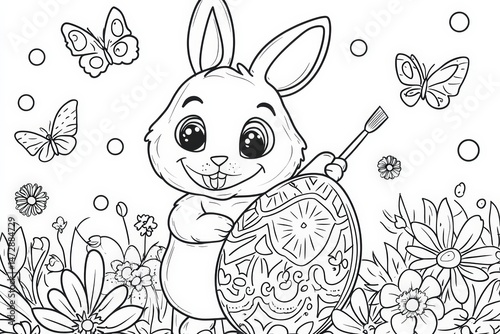 Cute Easter bunny holding a paintbrush while decorating a large patterned egg, surrounded by flowers and butterflies in a black and white springtime coloring page illustration.