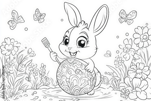 Cute Easter bunny holding a paintbrush while decorating a large patterned egg, surrounded by flowers and butterflies in a black and white springtime coloring page illustration.