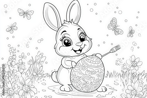 Cute Easter bunny holding a paintbrush while decorating a large patterned egg, surrounded by flowers and butterflies in a black and white springtime coloring page illustration.