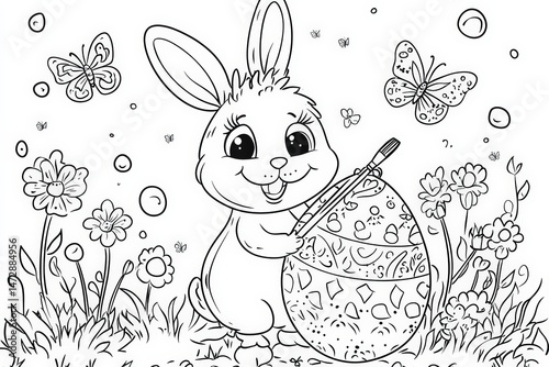 Cute Easter bunny holding a paintbrush while decorating a large patterned egg, surrounded by flowers and butterflies in a black and white springtime coloring page illustration.