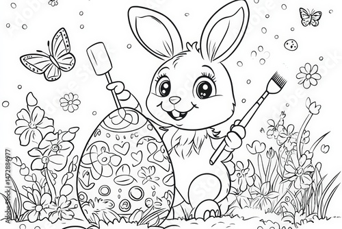 Cute Easter bunny holding a paintbrush while decorating a large patterned egg, surrounded by flowers and butterflies in a black and white springtime coloring page illustration.