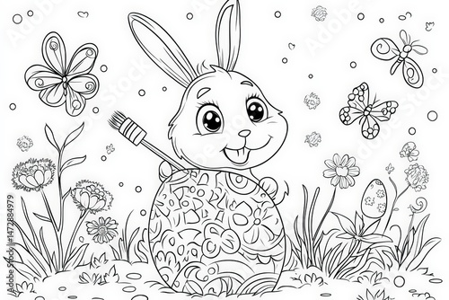 Cute Easter bunny holding a paintbrush while decorating a large patterned egg, surrounded by flowers and butterflies in a black and white springtime coloring page illustration.