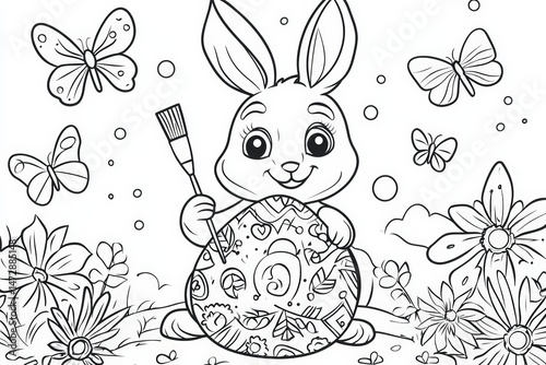 Cute Easter bunny holding a paintbrush while decorating a large patterned egg, surrounded by flowers and butterflies in a black and white springtime coloring page illustration.