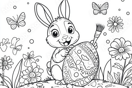 Cute Easter bunny holding a paintbrush while decorating a large patterned egg, surrounded by flowers and butterflies in a black and white springtime coloring page illustration.