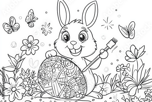 Cute Easter bunny holding a paintbrush while decorating a large patterned egg, surrounded by flowers and butterflies in a black and white springtime coloring page illustration.