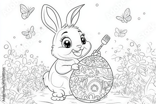 Cute Easter bunny holding a paintbrush while decorating a large patterned egg, surrounded by flowers and butterflies in a black and white springtime coloring page illustration.