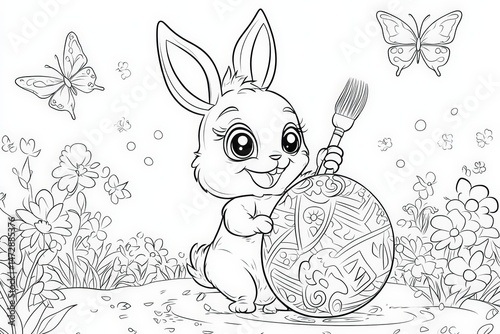 Cute Easter bunny holding a paintbrush while decorating a large patterned egg, surrounded by flowers and butterflies in a black and white springtime coloring page illustration.