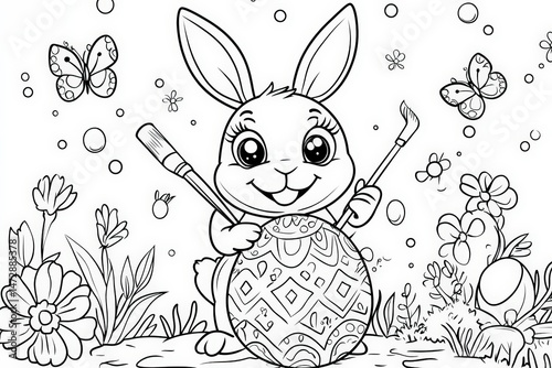 Cute Easter bunny holding a paintbrush while decorating a large patterned egg, surrounded by flowers and butterflies in a black and white springtime coloring page illustration.