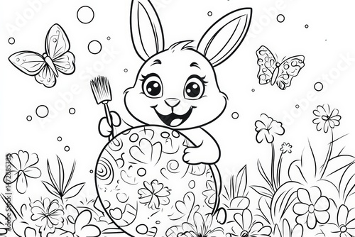 Cute Easter bunny holding a paintbrush while decorating a large patterned egg, surrounded by flowers and butterflies in a black and white springtime coloring page illustration.