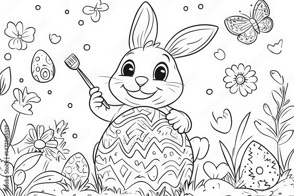 Fototapeta premium Cute Easter bunny holding a paintbrush while decorating a large patterned egg, surrounded by flowers and butterflies in a black and white springtime coloring page illustration.