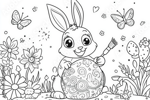 Cute Easter bunny holding a paintbrush while decorating a large patterned egg, surrounded by flowers and butterflies in a black and white springtime coloring page illustration.