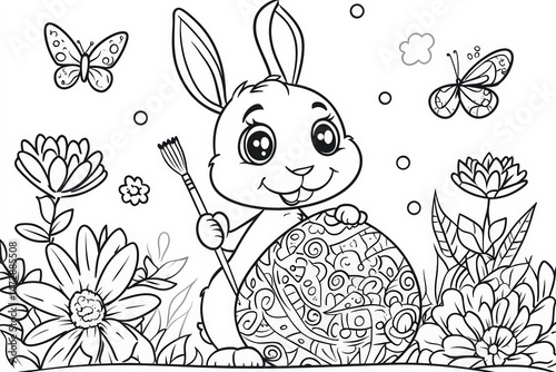 Cute Easter bunny holding a paintbrush while decorating a large patterned egg, surrounded by flowers and butterflies in a black and white springtime coloring page illustration.