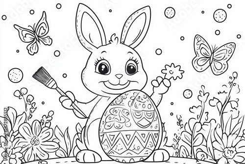 Cute Easter bunny holding a paintbrush while decorating a large patterned egg, surrounded by flowers and butterflies in a black and white springtime coloring page illustration.