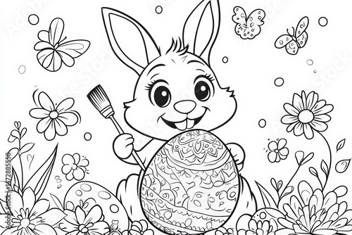 Cute Easter bunny holding a paintbrush while decorating a large patterned egg, surrounded by flowers and butterflies in a black and white springtime coloring page illustration.