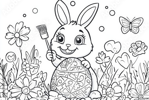 Cute Easter bunny holding a paintbrush while decorating a large patterned egg, surrounded by flowers and butterflies in a black and white springtime coloring page illustration.