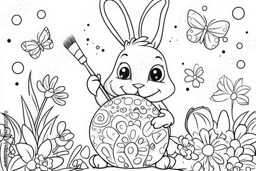 Cute Easter bunny holding a paintbrush while decorating a large patterned egg, surrounded by flowers and butterflies in a black and white springtime coloring page illustration.