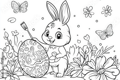 Cute Easter bunny holding a paintbrush while decorating a large patterned egg, surrounded by flowers and butterflies in a black and white springtime coloring page illustration.