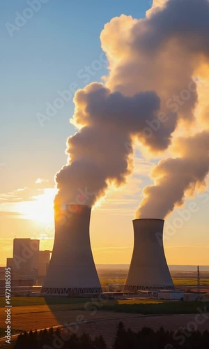 Nuclear Power Plant with Steam-Emitting Cooling Towers at Sunset, Surrounded by Rural Landscape, Wide-Angle Photorealistic Shot with Cinematic Glow and Sky Negative Space for Title Placement